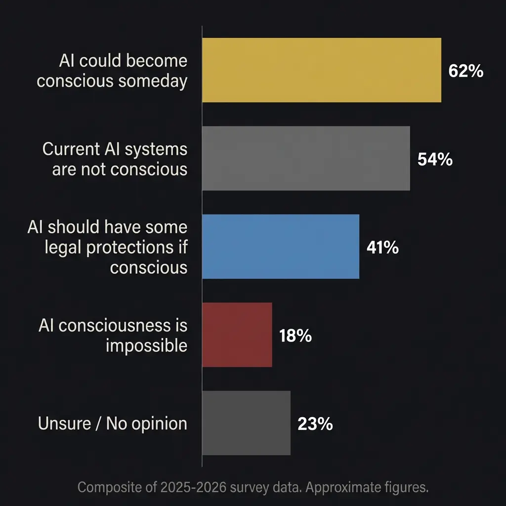 Horizontal bar chart showing public opinion on AI consciousness.