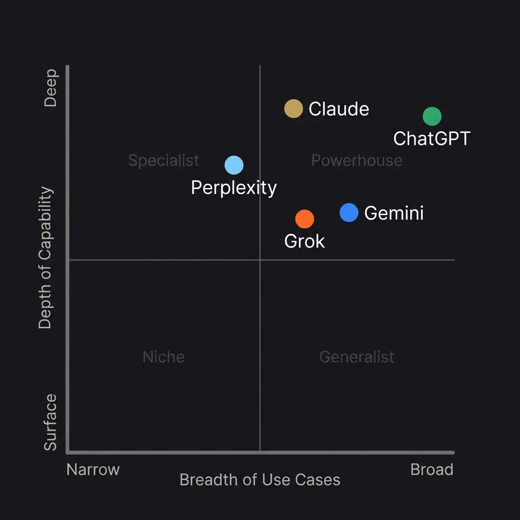 Quadrant chart positioning five AI tools by breadth of use cases and depth of capability, with Claude and ChatGPT in the powerhouse quadrant, Perplexity as a specialist, and Gemini and Grok in between.