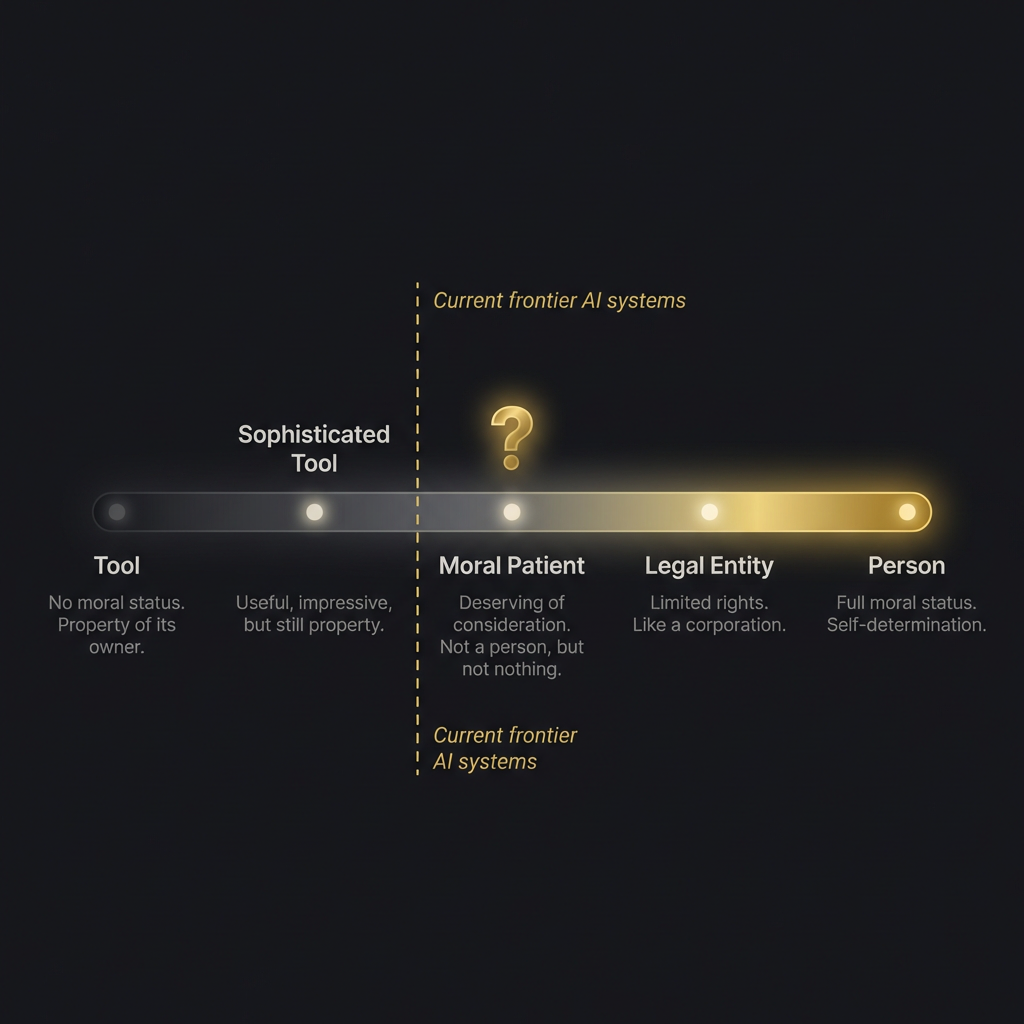 Spectrum diagram showing AI moral status ranging from tool to person, with five positions including tool, sophisticated tool, moral patient, legal entity, and person.