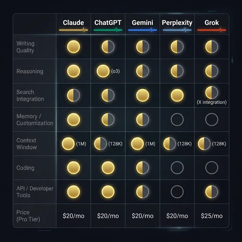 Feature comparison matrix for Claude, ChatGPT, Gemini, Perplexity, and Grok across writing quality, reasoning, search, memory, context window, coding, API tools, and pricing.