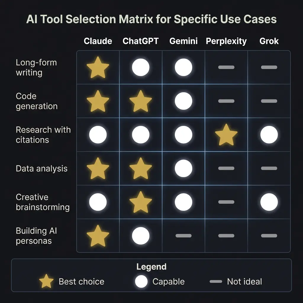 Matrix showing which AI tool is the best choice, capable, or not ideal for six common use cases including long-form writing, code generation, research, data analysis, creative brainstorming, and building AI personas.