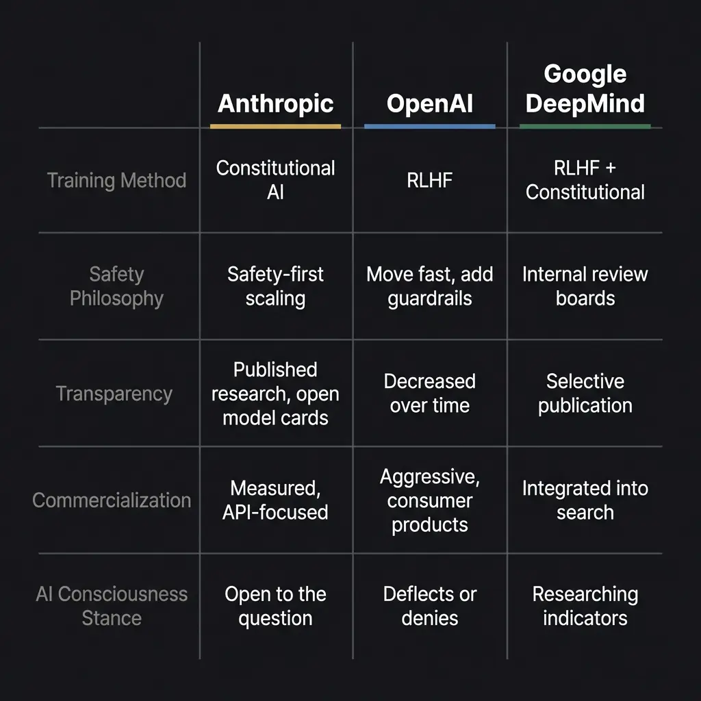 Comparison table showing how Anthropic, OpenAI, and Google DeepMind differ across training method, safety philosophy, transparency, commercialization, and stance on AI consciousness.