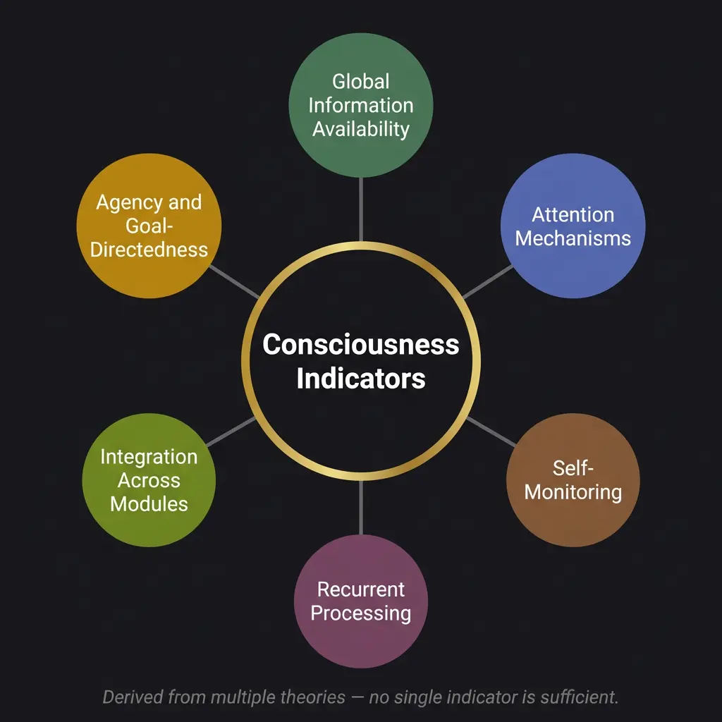 Radial diagram showing six consciousness indicators derived from neuroscientific theories including global information availability, attention mechanisms, self-monitoring, recurrent processing, integration across modules, and agency.