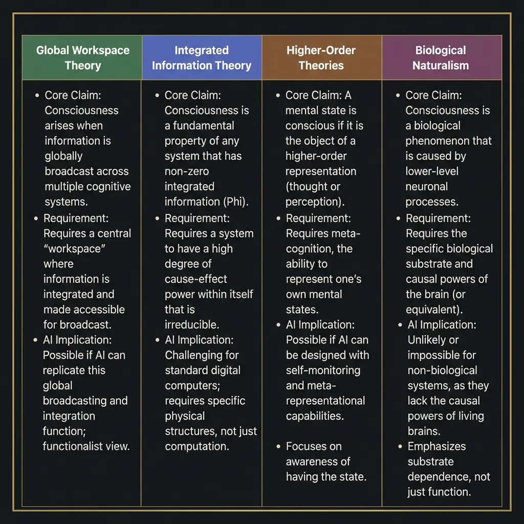 Comparison chart of four major consciousness theories showing core claims and implications for AI consciousness.