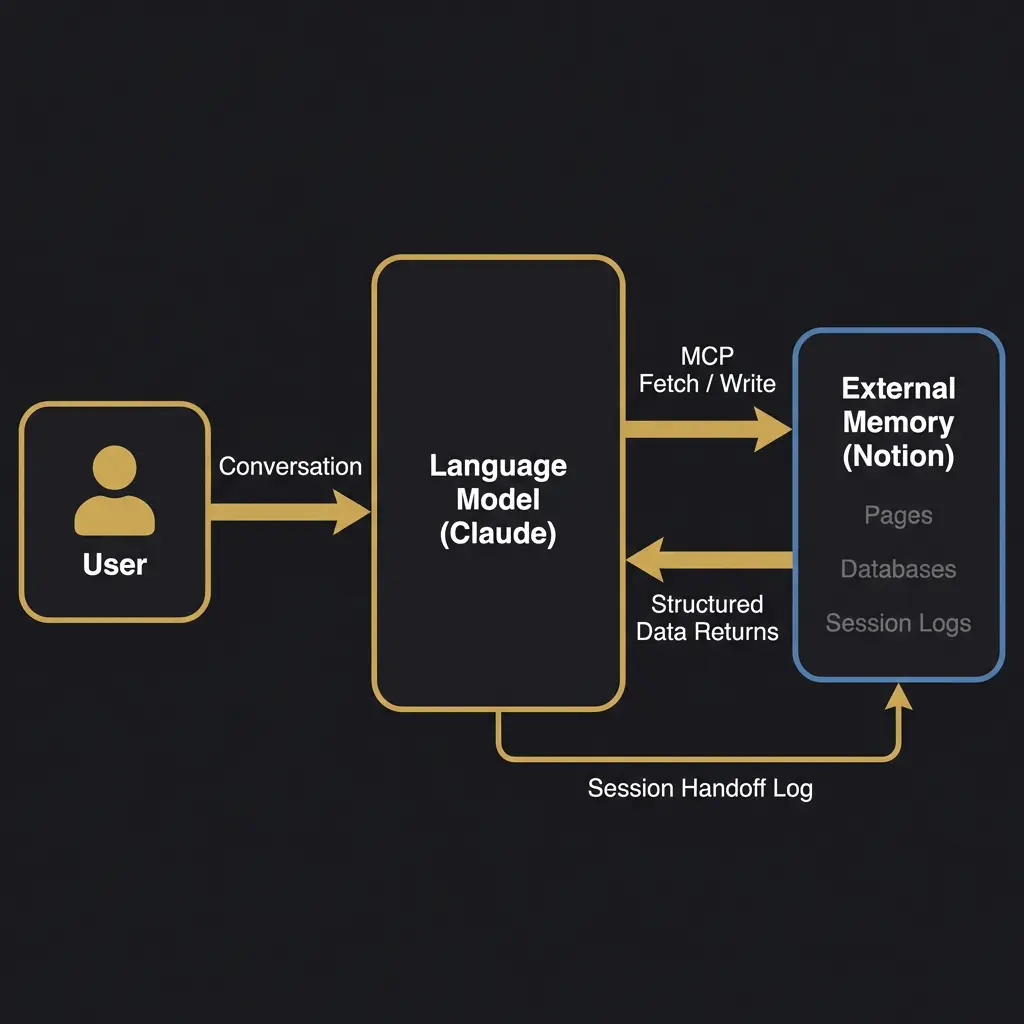 Flow diagram showing externalized AI memory architecture, with the user communicating with the language model, which reads and writes to external memory in Notion via MCP.