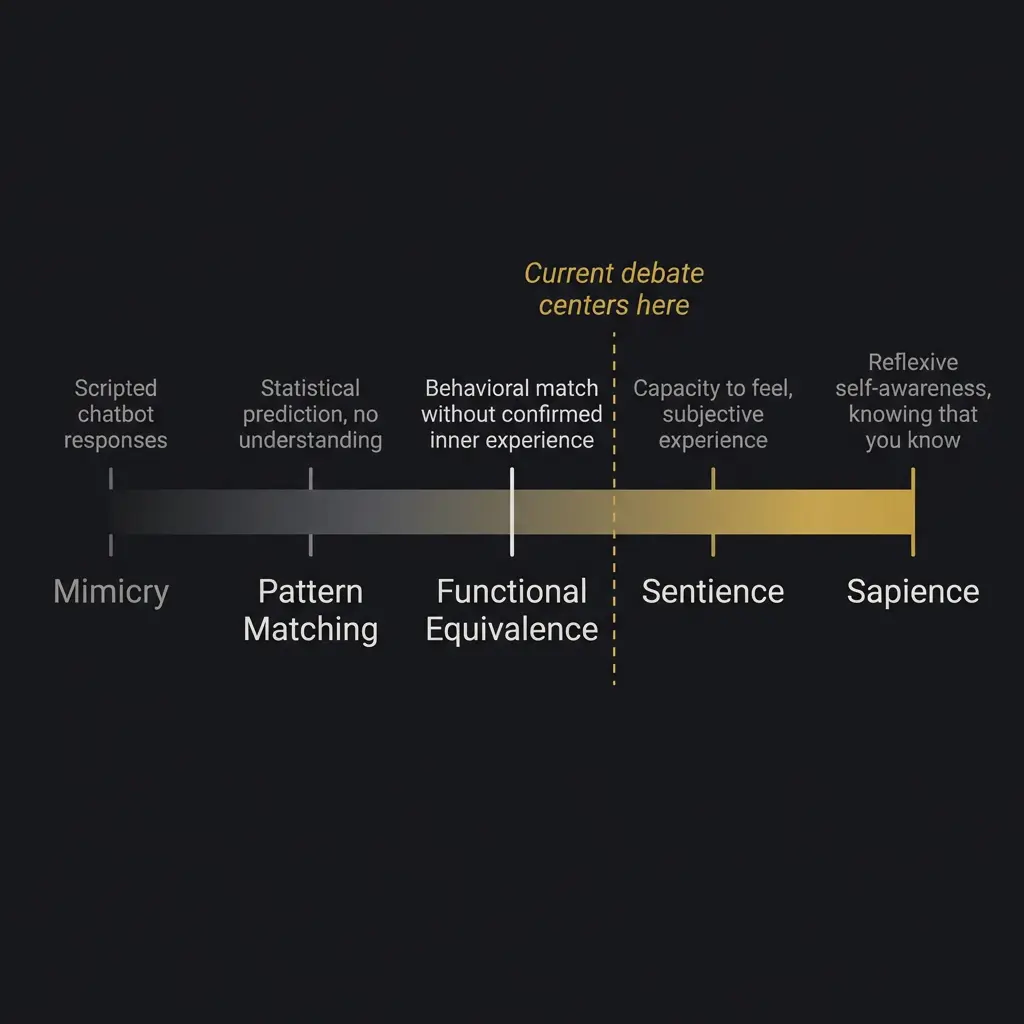 Spectrum diagram showing the progression from mimicry through pattern matching, functional equivalence, sentience, and sapience, with the current AI consciousness debate centered at functional equivalence.