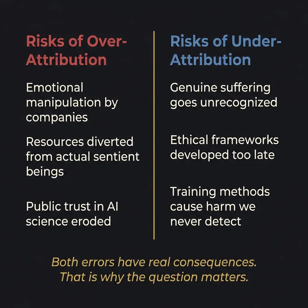 Two-column comparison showing the risks of over-attributing consciousness to AI versus under-attributing it, with consequences listed for each error.