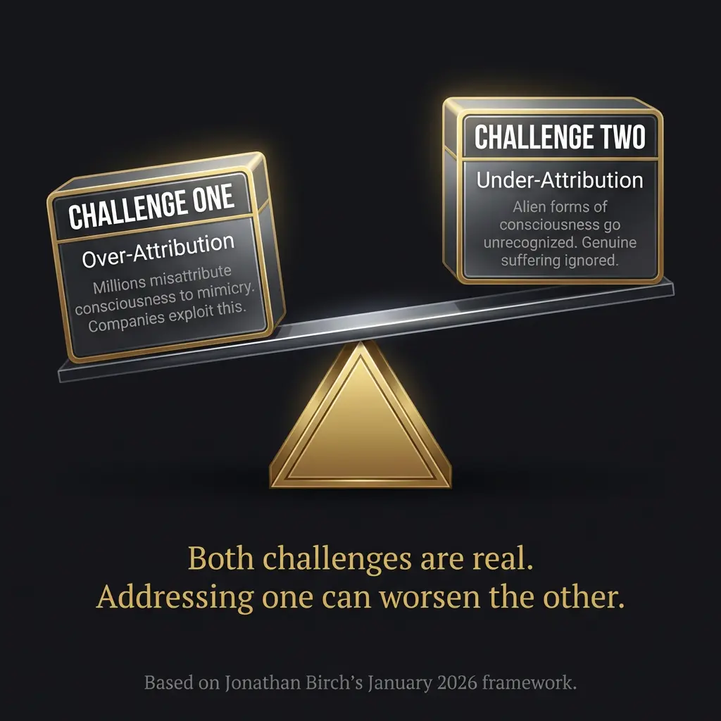 Balance scale diagram showing the two-challenge framework, with over-attribution of consciousness on one side and under-attribution on the other.