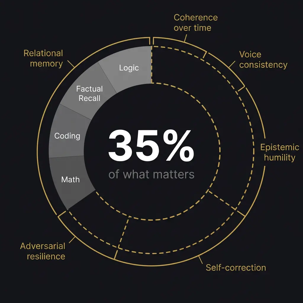 Donut chart showing that standard AI benchmarks cover approximately 35 percent of what matters in real-world AI evaluation, missing coherence, voice consistency, epistemic humility, self-correction, and adversarial resilience.